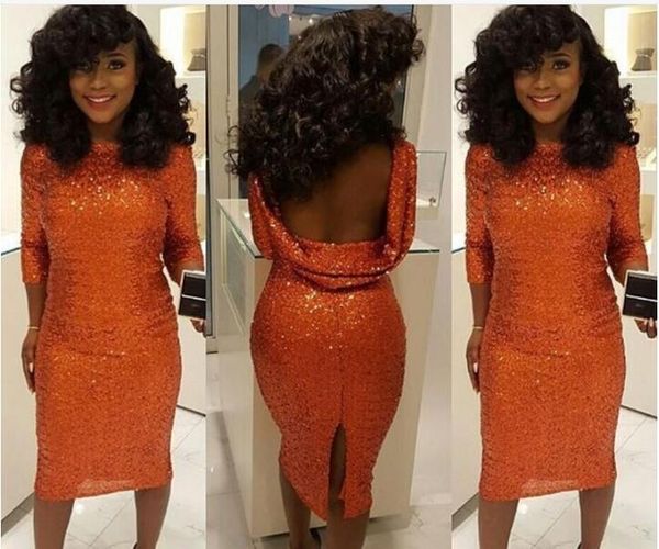 

new short orange homecoming dresses sequined lace tea length sheath open back for junior split sequins cocktail party dress prom gowns, Red