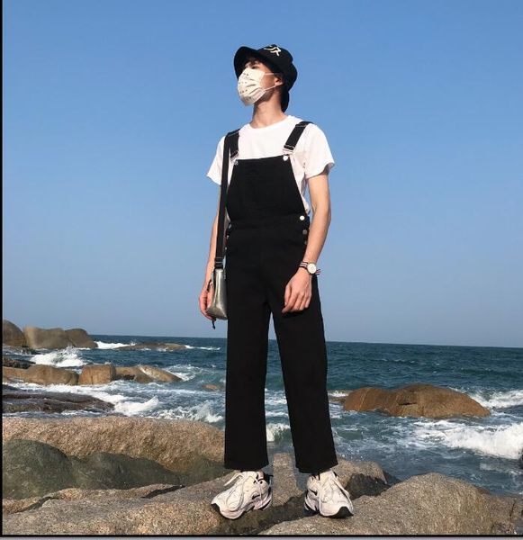 

japanese retro jumpsuit male trend casual loose bib susperdens jenas male denim tooling suspenders bib pants summer, Blue