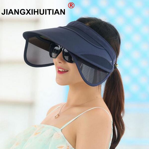 

2017 new retractable visor female summer sun empty hat solid sombrero cap uv sun hat woman beach headwear, Blue;gray
