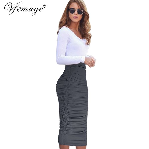 

vfemage womens elegant ruched frill ruffle high waist work business casual party club pencil sheath midi mid-calf skirt 1877, Black