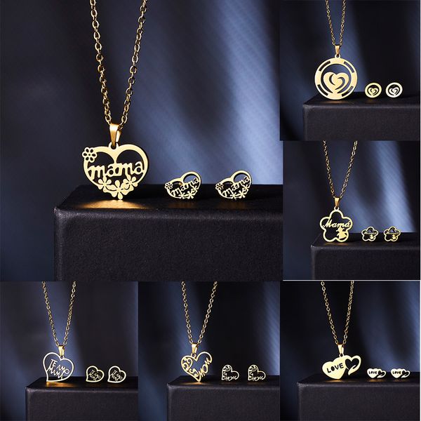 

collier femme stainless steel jewelry set gold chain love heart mama mom pendant necklaces earing set jewelry mother's day gift, Silver