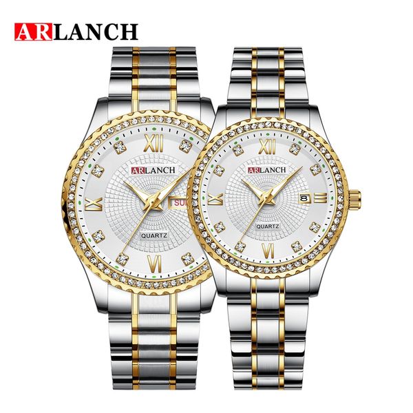 

arlanch new style couple lovers romantic diamond luxury wristwatch week calendar stainless steel waterproof students watches, Slivery;brown
