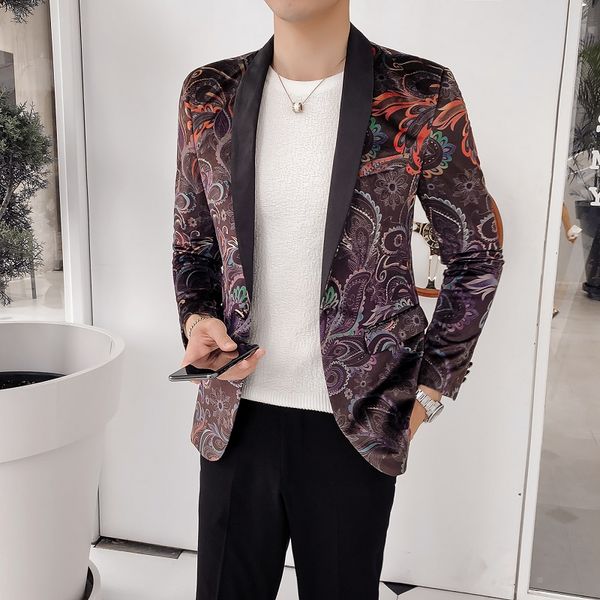 

british style printing blazer business men casual fashion slim fit jacket party nightclub elegent coat singer host festival coat, White;black