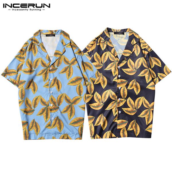 

incerun casual short sleeve lapel shirt men hawaiian beach printed shirts fashion loose floral vacation button up blouse, White;black