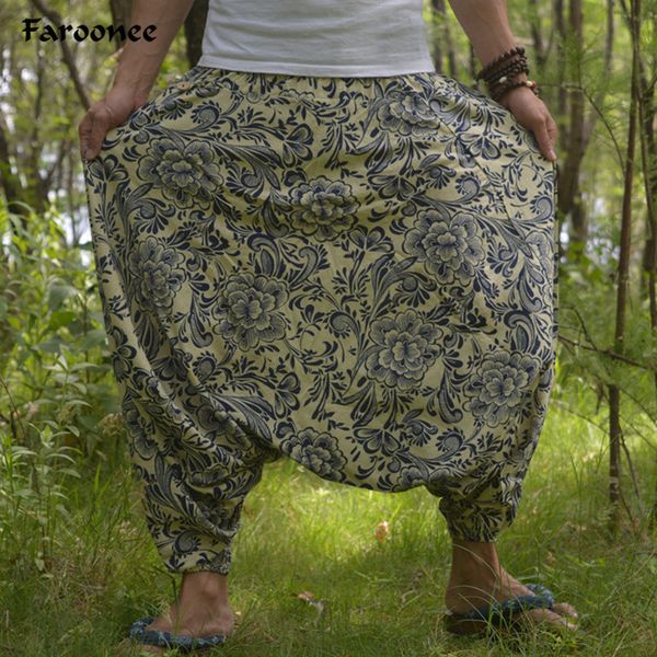 

hip hop baggy cross harem pants men fashion print pattern elastic waist ankle loose long trousers casual cool linen pants, Black
