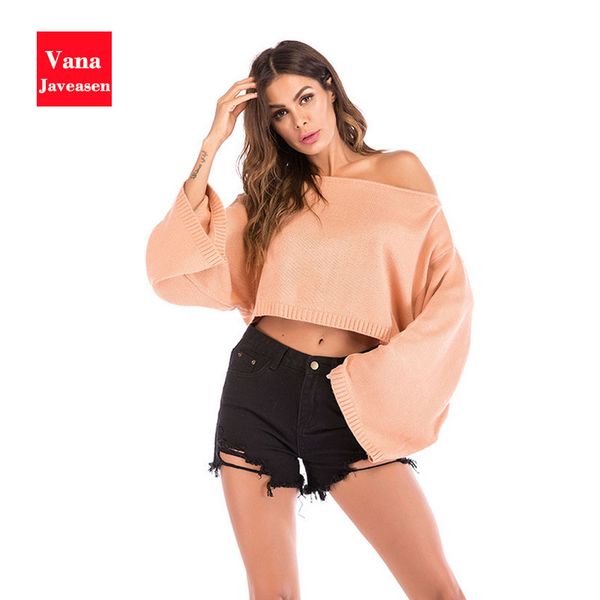 

flare sleeve leak umbilical knitting shirt women pullover casual slash neck streetwear female autumn loose knitted sweater