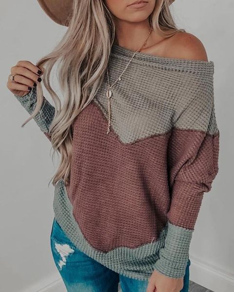 

women skew neck colorblock one shoulder casual sweater pullover, White;black