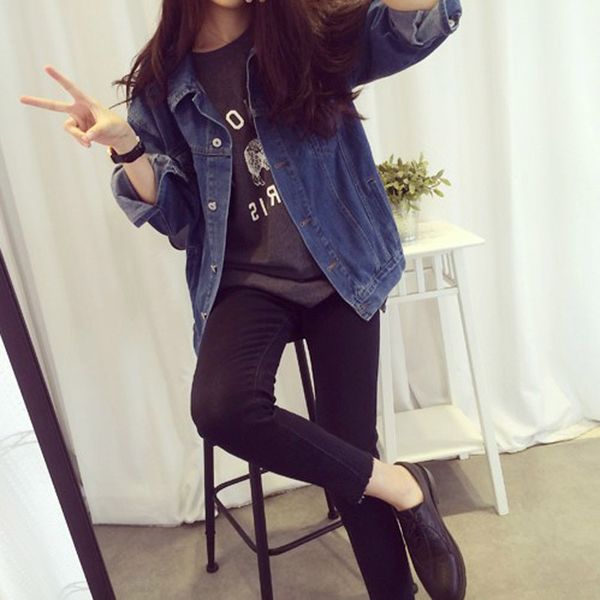 

spring autumn women denim coat turn down collar long sleeve jacket loose casual girls jeans outwear gdd99, Black;brown