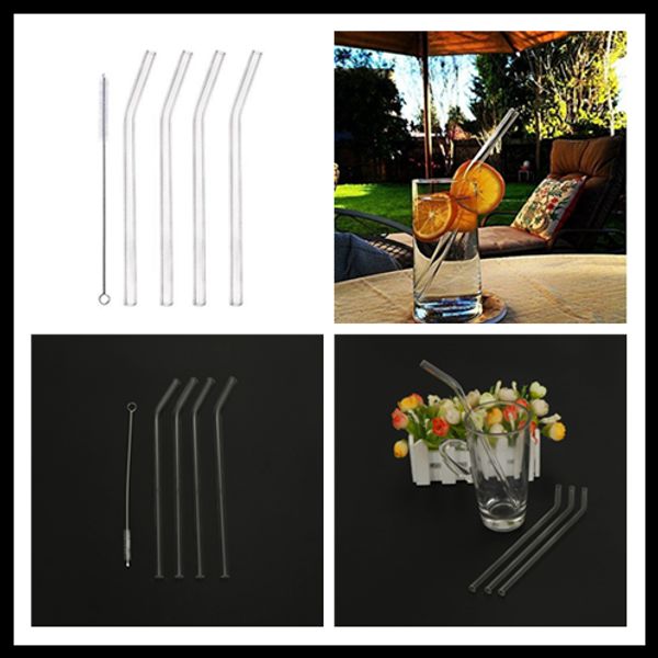

4pcs reusable clear bent glass tube water juice milk drinking straw sucker+ 1pc cleaning brush for wedding birthday party