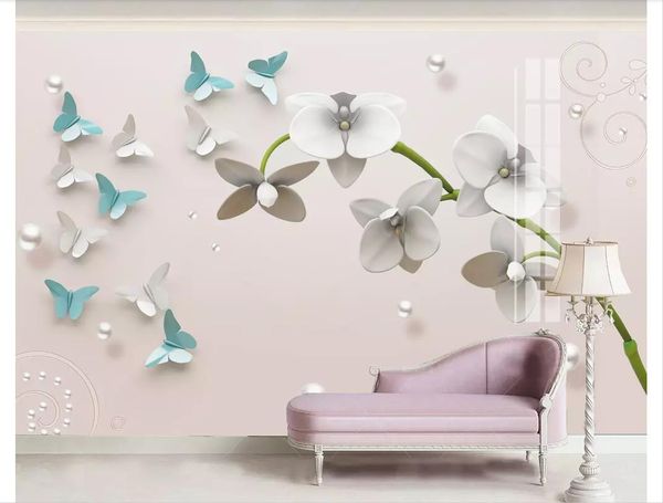 Sfondi 3D carta da parati murale foto personalizzata Nuovo bellissimo 3d bianco phalaenopsis in rilievo TV divano sfondo carta da parati per pareti 3D