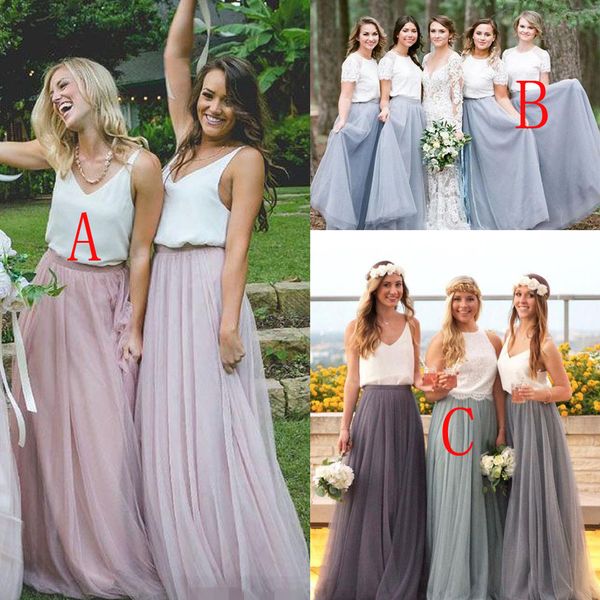 Billige Landbrautjungfernkleider Spaghetti -Träger Kurzärmele Spitze Tulle Beach Hochzeit Gastparty Langes Mädchen aus Ehrenkleid