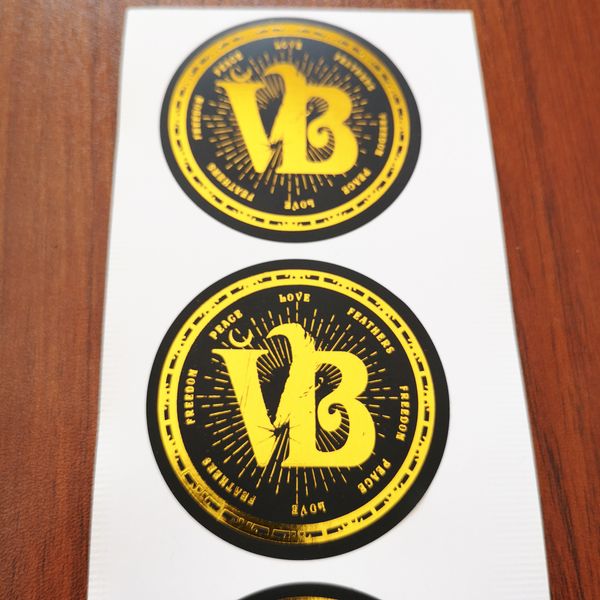 

Customized stickers 100x100mm Shining Gold Foil hot stamping on Matte black waterproof and oilproof PVC material, Item No. CU61