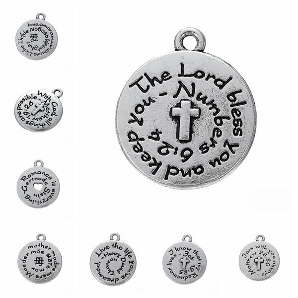 

10pcs antique silver tone round message tag love amour mother bible cross charms pendant for jewelry making jewelry findings, Bronze;silver