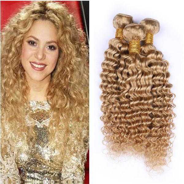 8A mel Humano trama do cabelo Pacotes morango loira não transformados profunda brasileira Cabelo Onda da cor do cabelo 3Bundles # 27 brasileira Virgin Pacotes