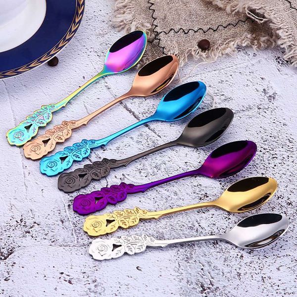 

long handled colorful spoon stainless steel flower coffee spoon ice cream dessert tea spoon for picnic kitchen accessories