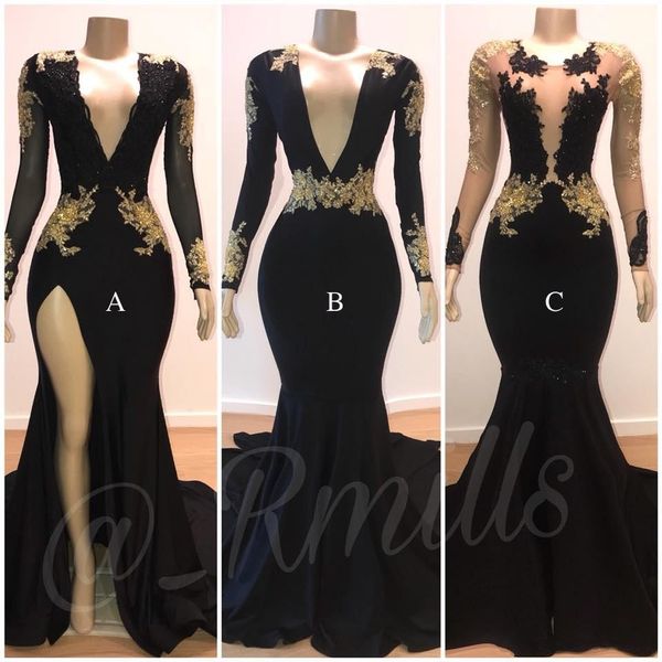 

2019 black sheer v neck split side high mermaid prom dresses long sleeves black with gold lace applique evening gowns formals wear
