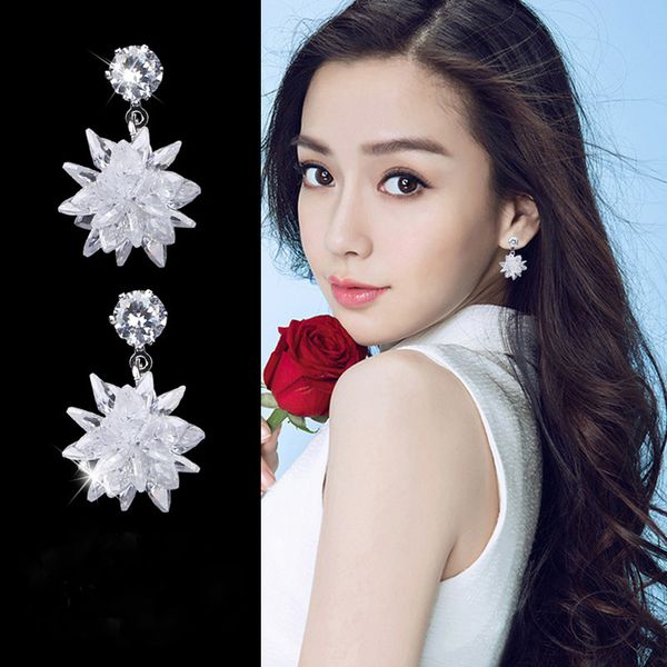 

sexemara style fashion snow flower cz zircon crystal stud earrings for women long tassel earrings jewelry gifts wholesale, Silver