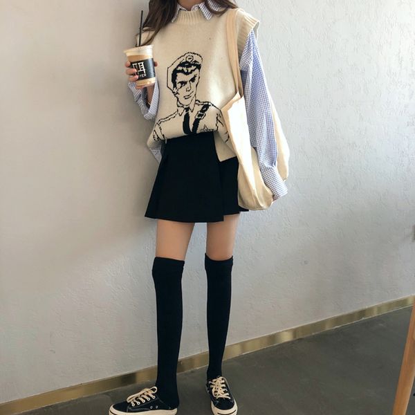 

perhaps u women vest sweater crew neck knitted pullovers sleeveless green white winter police print m0130, White;black