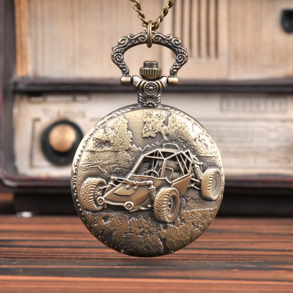 

large vintage bronze cool car with four wheels a gift for game pocket watch with waist chain, Slivery;golden