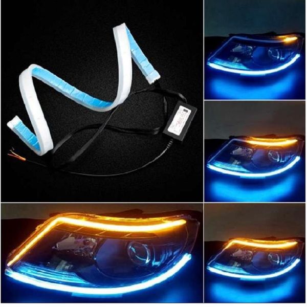 

2pcs ultrafine waterproof drl 60cm daytime running light flexible soft tube guide car led strip turn signal yellow flowing lamp