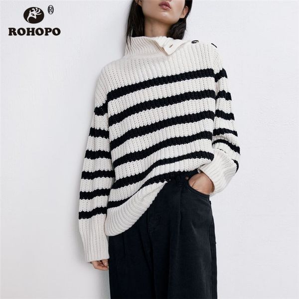 

rohopo shoulder buttons closure cross striped white sweater long sleeve turtleneck ladies vintage knitted fabric outwear # 2574, White;black