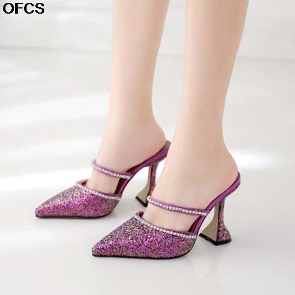 

summer women pumps new elegant rhinestone crystal mules glitter bling sequins pointed toe cup heel pumps women shoes size41, Black