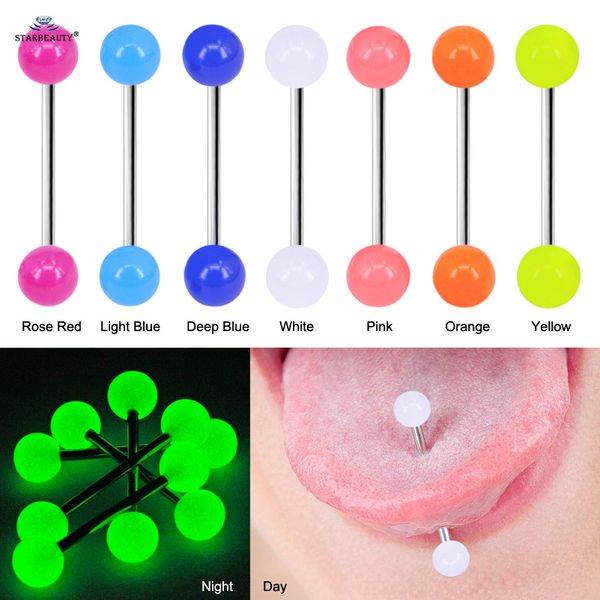 

starbeauty 7pcs noctilucent barbell tongue piercing tongue ring acrylic nipple ring helix piercing langue ear pircing jewelry, Slivery;golden