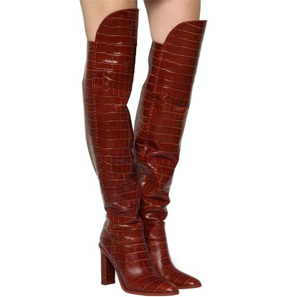 

winter snake skin thigh high boots platform chunky high heel woman botas causal slip on motorcycle boots shoes, Black