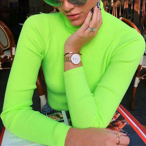 

fantoye fluorescent green turtuleneck knitted sweater women autumn winter casual long sleeve ribbed sweater streetwear pullovers, White;black
