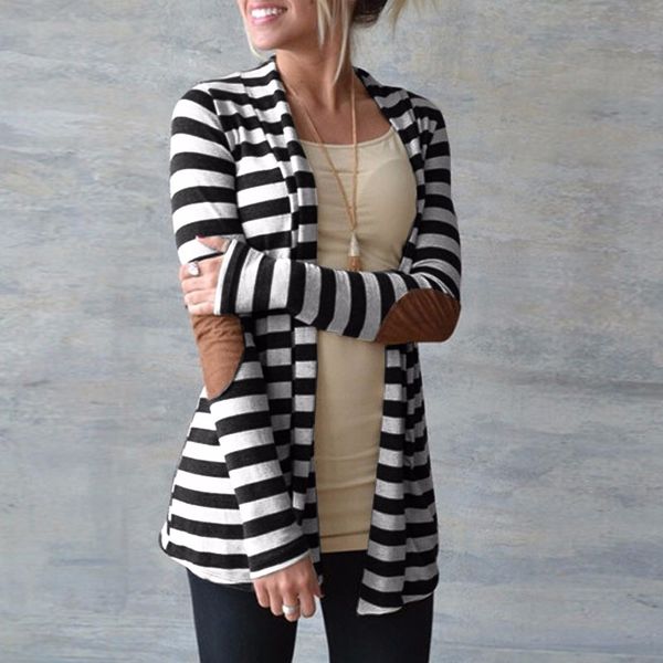 

casual elbow patchwork knitted sweater plus size outerwear spring cardigan women long sleeve striped printed, White