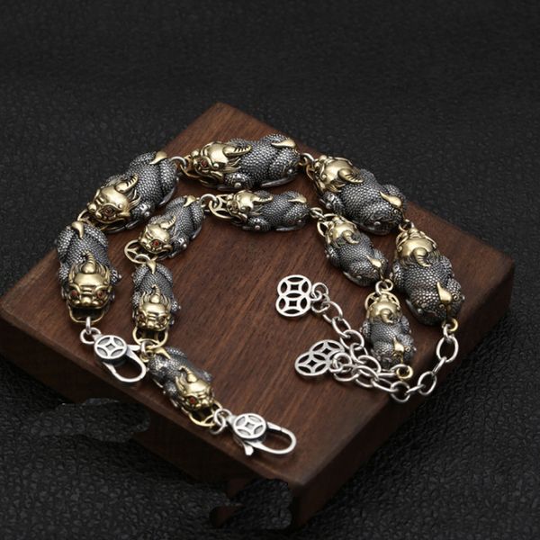 

real 925 sterling silver men women pi xiu beast treasure link chain bangle bracelet jewelry gift a4704, Black