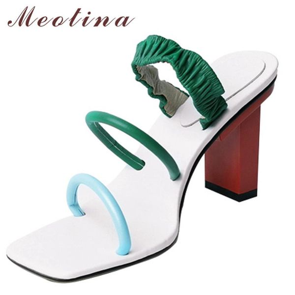 

meotina genuine leather high heel slippers pleated women shoes square toe block heels lady slides summer causal sandals white 40, Black