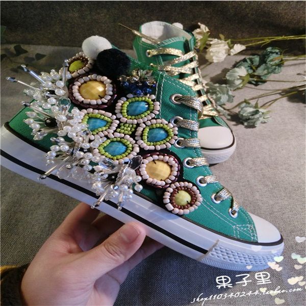 

new european station korea heavy work beaded belt high shoes canvas shoes sequins flowers silver casual, Black