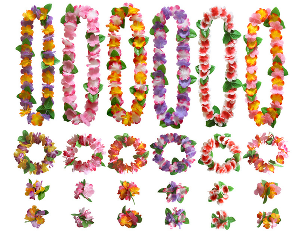 

6sets tropical hawaiian necklace silk flower leis, kids or adults luau party decorations and party supplies