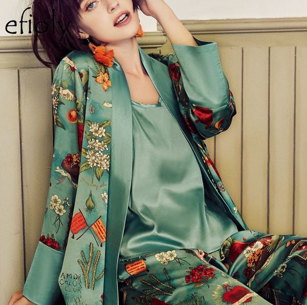 

efioly spring summer sleepwear female kimono wind pajamas sleep lounge flower print 4 pieces sets elegant ladies nightwear, Blue;gray