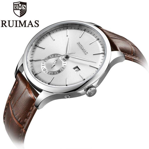 

2020 ruimas luxury men watch fashion brand leather man sport watch mens automatic date quartz watches relogio masculino, Slivery;brown