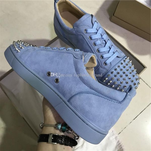 

super quality gift mens sneakers red bottom spikes junior flat low cut sky-blue suede studded plain sneakers couple size factory sale, Black