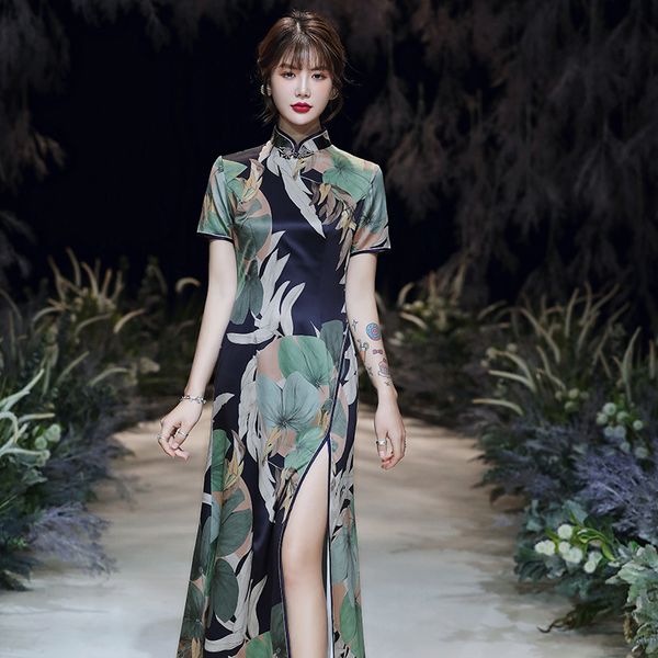 

секси стройная сатин tight qipao новизна lady cheongsam vestidso high split green print вечера цветка платье партии 4xl негабаритных, Red