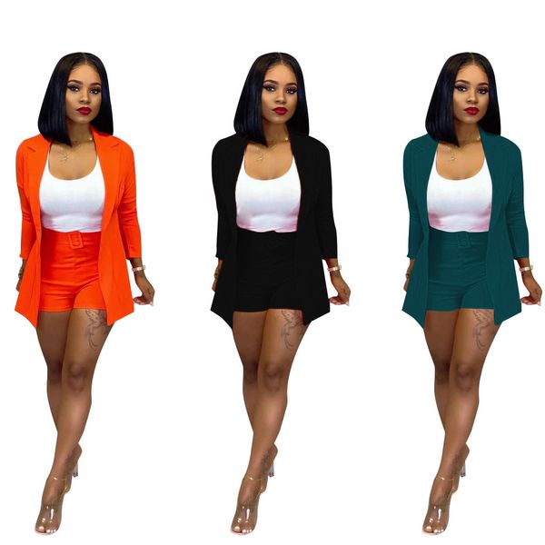 

women label neck long sleeves coats solid color casual club party ol belted short pants two piece sets small suit 2pcs, White