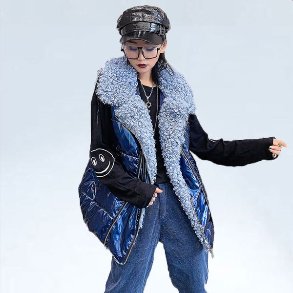 

women vest winter high fashion street woman futuristic designs edgy silver jacket vest girl's with lamb fur collar, Black;white