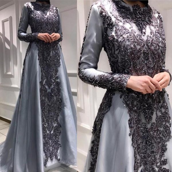 

silver evening dresses 2020 with beads appliques long sleeves high neck backless formal prom party gowns arabic, Black;red