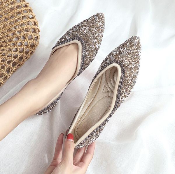 

women shoes woman flat shoes fashion casual rhinestone sequins 2020 new autumn soft bottom pointed flat -41, Black