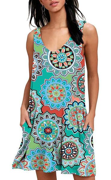 

10 tyle women mini dre bohemian floral print ummer boho loo e pandex daily leevele v collar pocket whole ale dhl hip