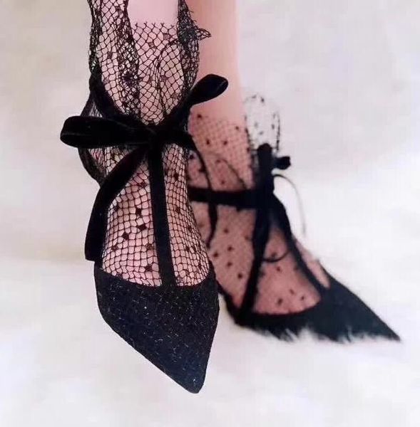 

original box] new arrival jc womens mesh legging high heel 7cm pumps pointed toe pleated lace party wedding dress shoes, Black