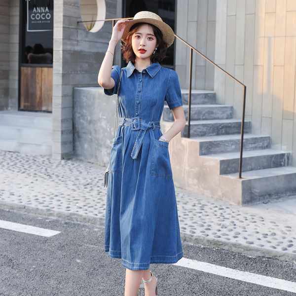 

summer slim lapel wash jeans dress summer, Black;gray