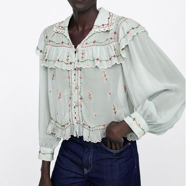 

spring 2019 new women blouses shirts embroidery chiffon floral ruffle chic modern lady's casual wear female blusa, White