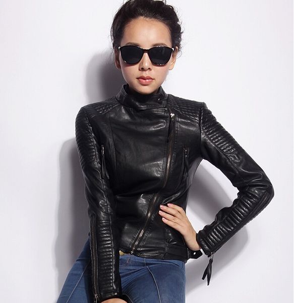 

2016 spring and autumn fashion faux leather motorcycle clothing design slim female short coat women pu jacket, Black