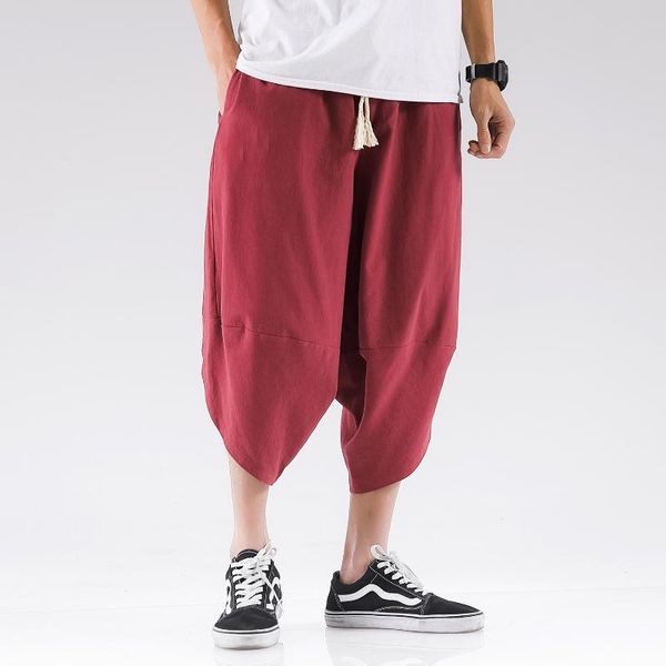 

summer micro-elastic linen pants men lantern cropped pants men's loose large size retro solid color pantalones hip hop hombre, Black