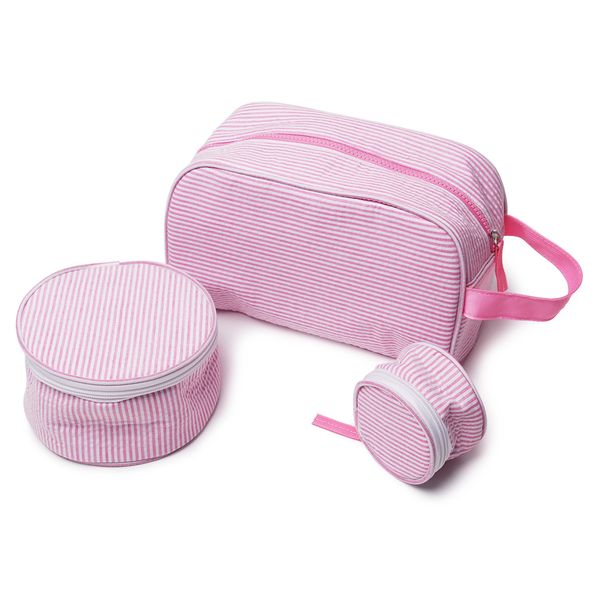

2020 new seersucker mini cosmetic striped bag wholesale blanks seersucker round makeup pouch toiletry travel bag for women gifts