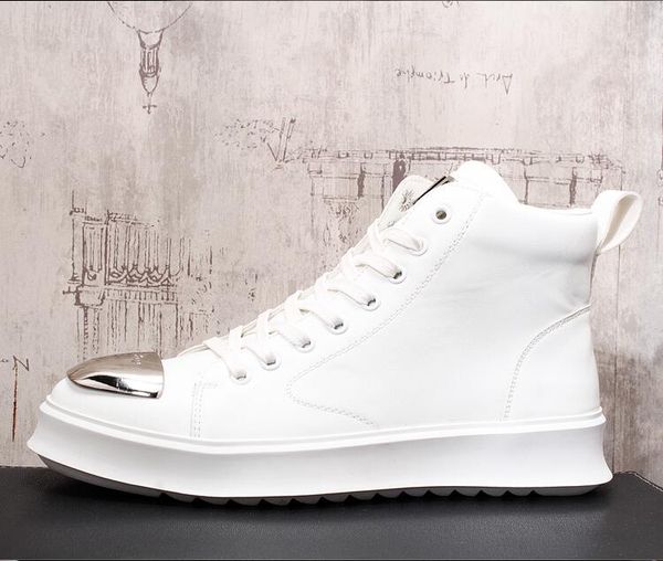 New Fashion High Top Casual Shoes Men PU Leather Lace Up White Color Mens Casual Shoes Men High 